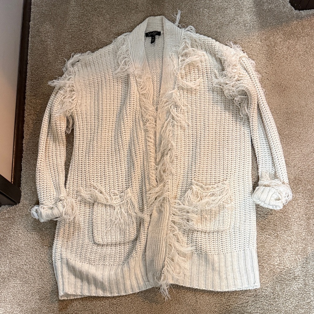 A Jessica Simpson Women's Fringed Knit Cardigan Sweater - White/Cream Cardigan